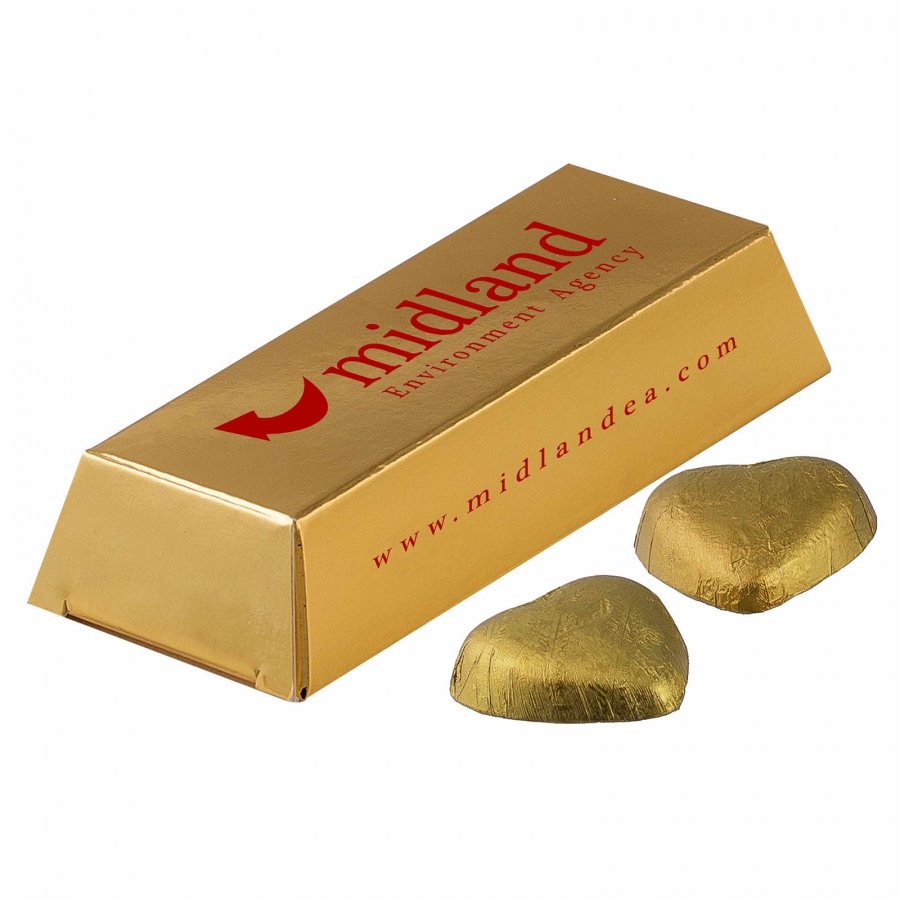 Mini Guldbarre med allover print og 4 chokoladehjerter - Bøvlingbjerg