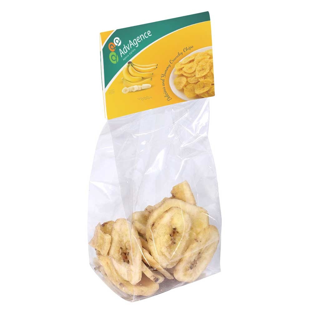 Transparent taske med fuldfarvet trykt hovedkort fyldt med ca. 40 g bananchips - Gedser