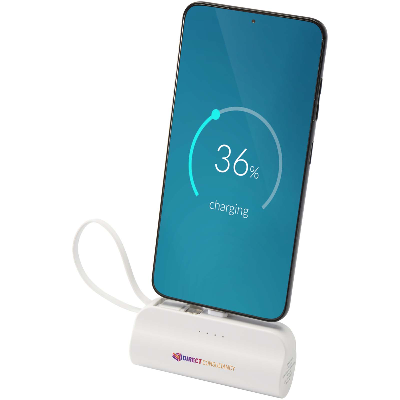 Alnair Type-C powerbank på 5000 mAh 10 W fremstillet af genbrugsplastik med indbygget klapstander og 2 i 1 kabel