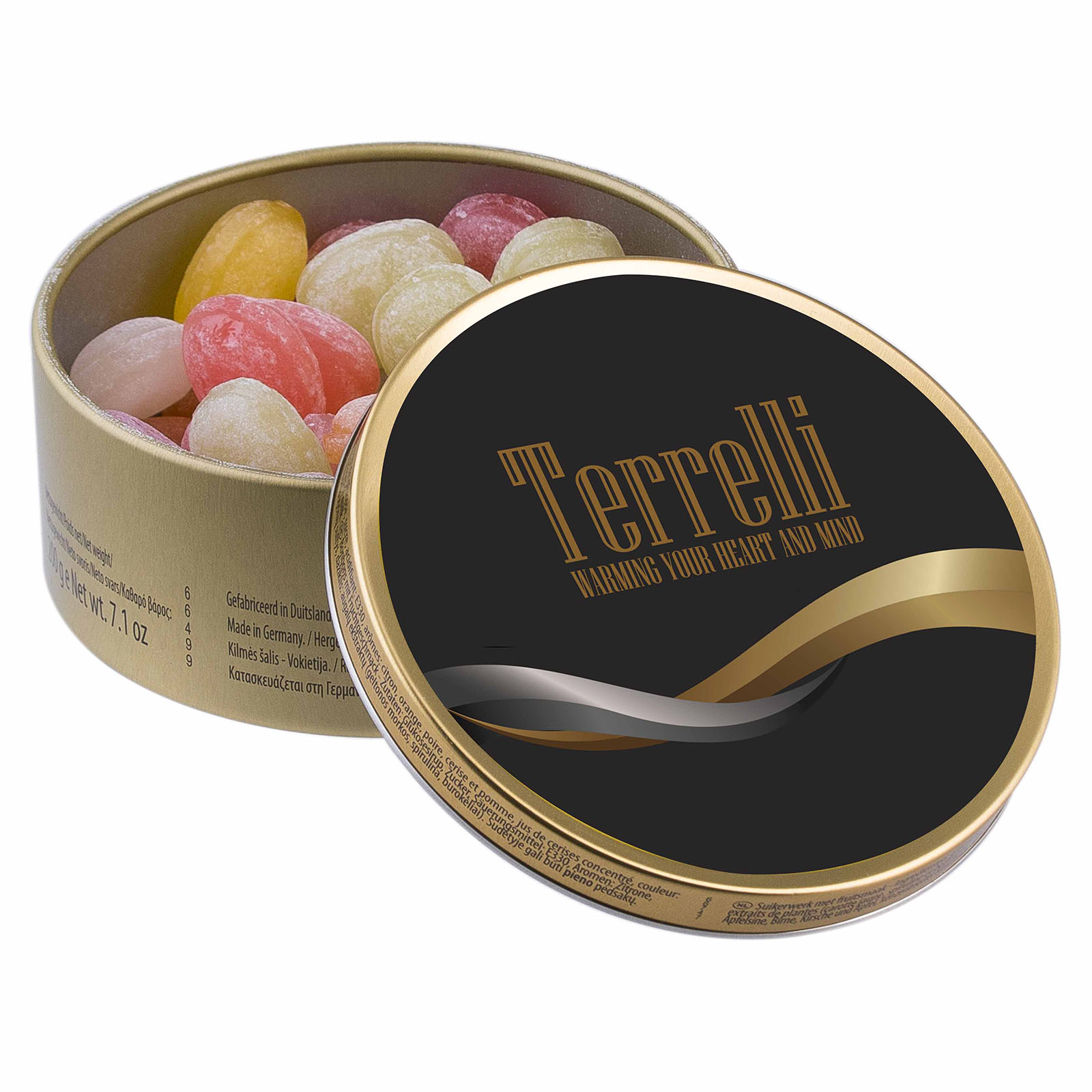 Rund dåse med fuldfarvet klistermærke og 200g rejsegodter - Broager