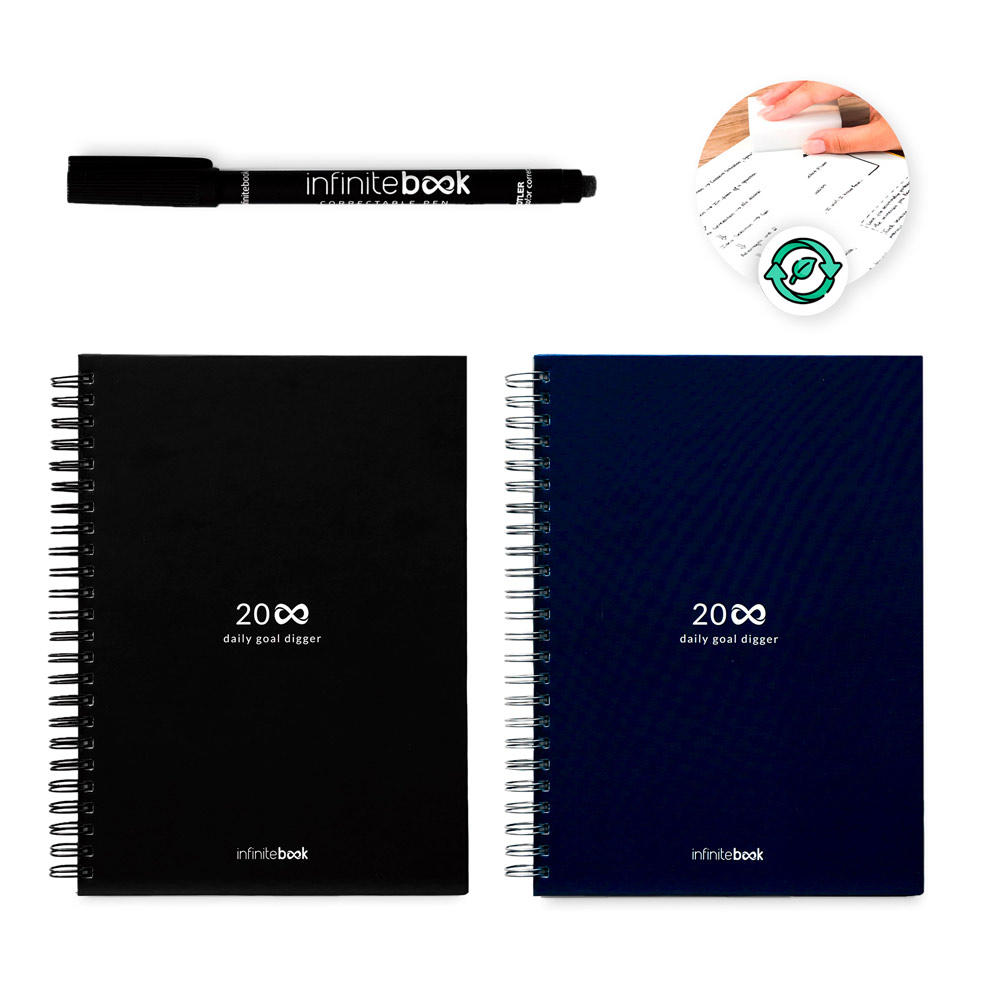STARTER KIT INFINITE PLANNER A5. Sættet inkluderer en 'uendelig Dagbog', rengøringssæt, marker og markerholder.