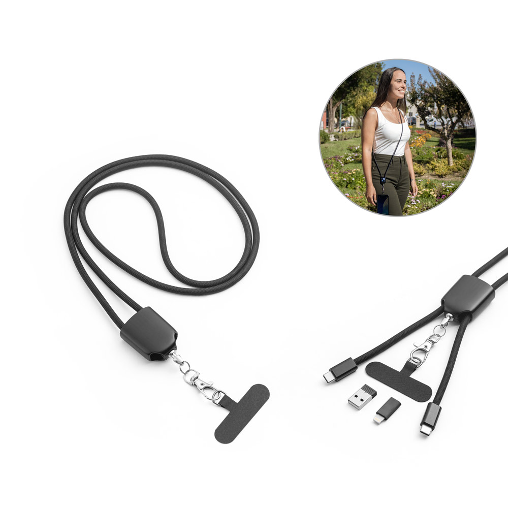 ZEWAIL. Nøglering med medfølgende smartphoneholder, USB-C-kabel og forskellige adaptere lavet af genanvendt ABS og genanvendt TPE.