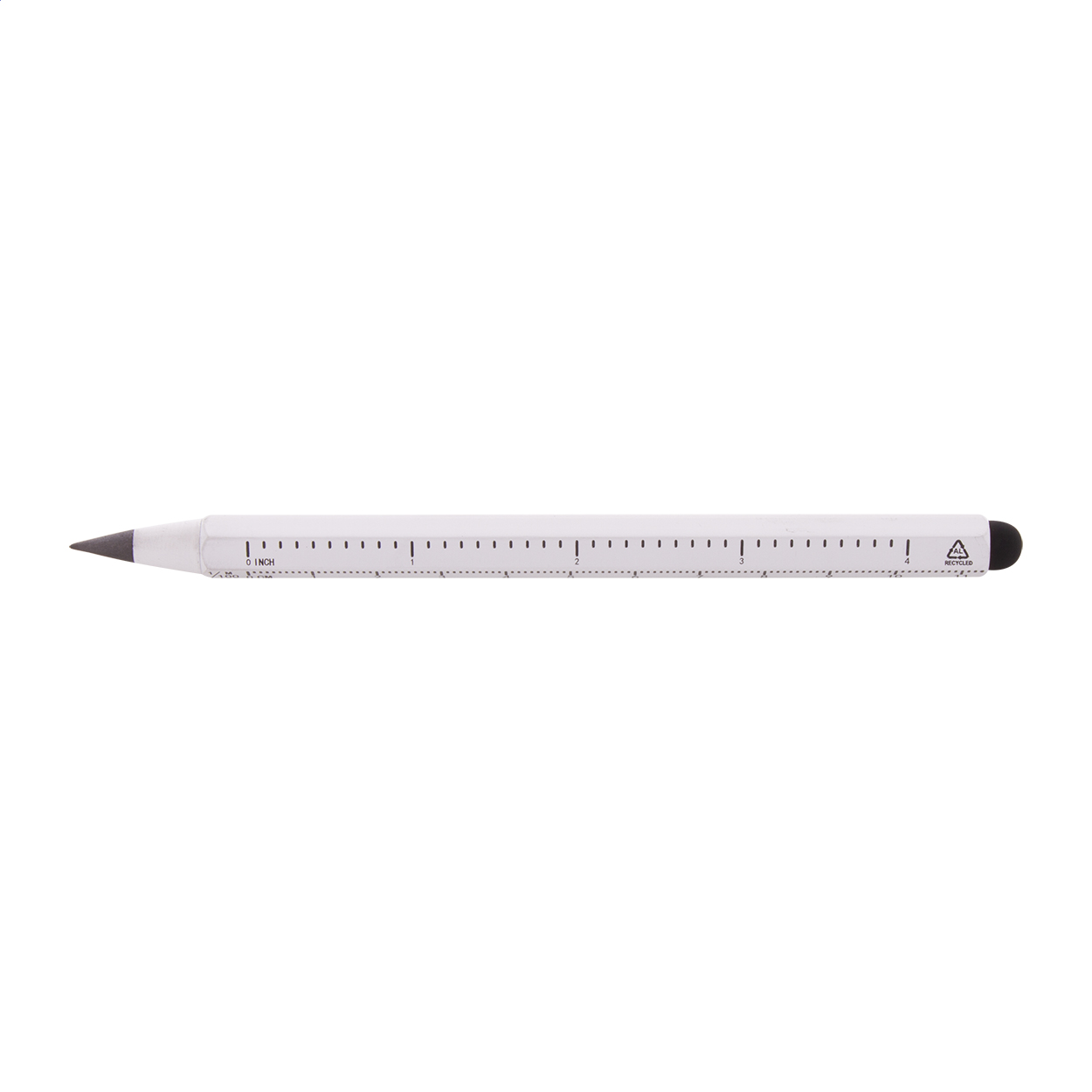 Ruloid blækfri pen i genbrugt aluminium med lineal, stylus og logo