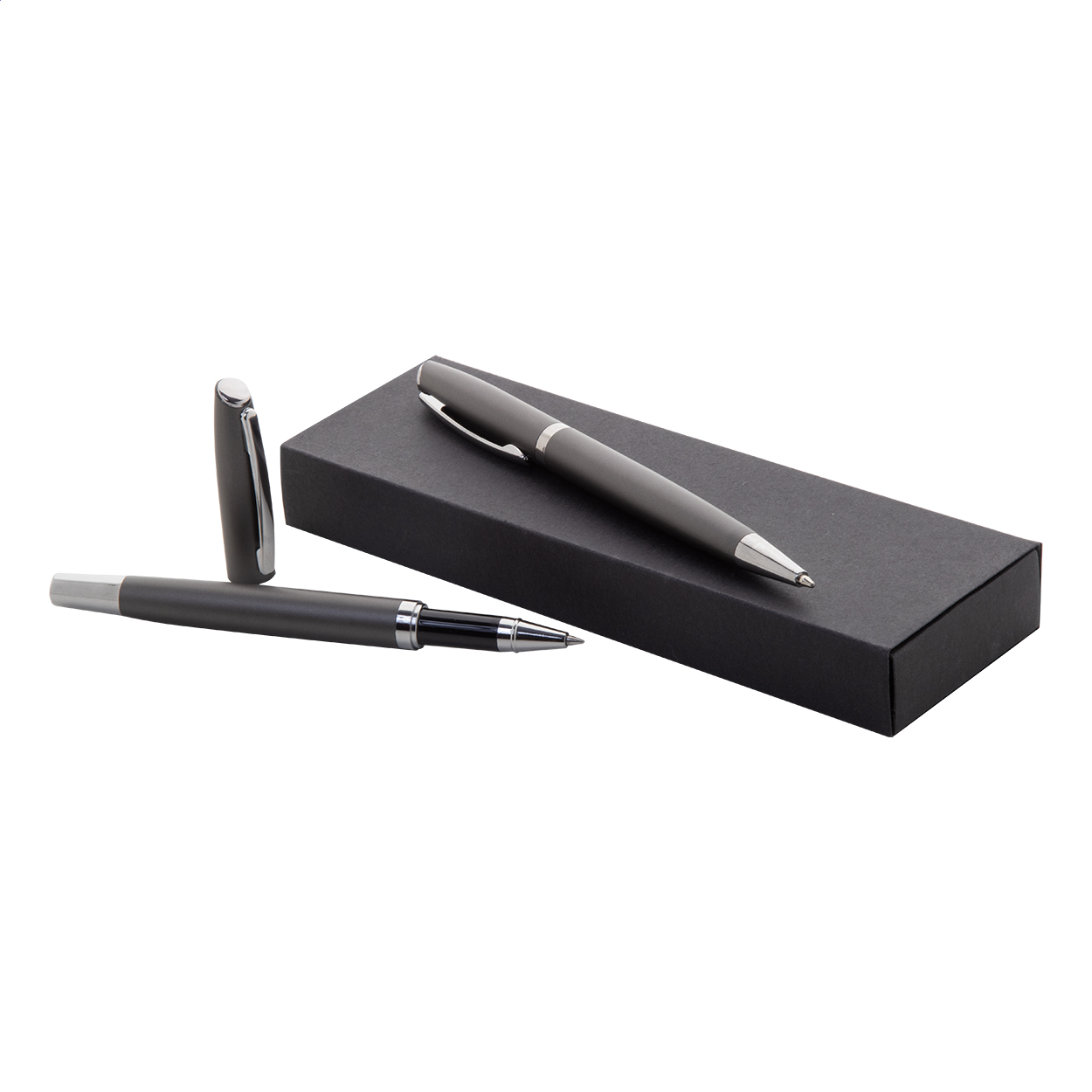 Redivi pennesæt i genbrugt aluminium med rollerpen, kuglepen og logo