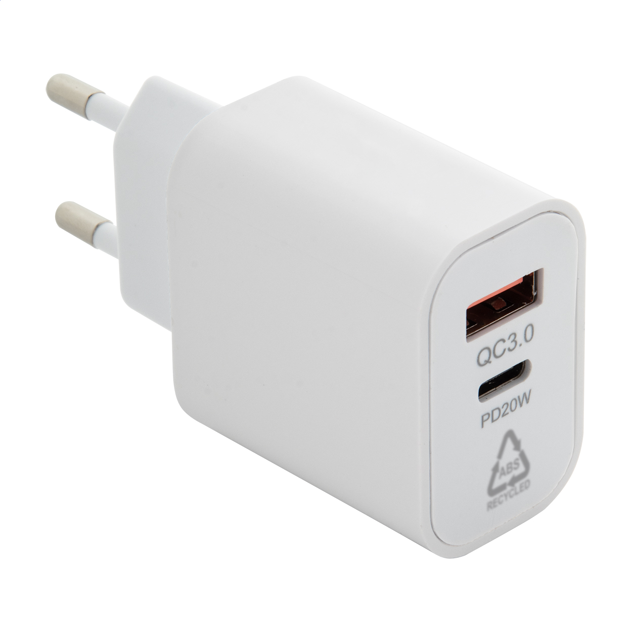 Recharge USB-vægoplader i genbrugt ABS med logo, PD 20W hurtigladning
