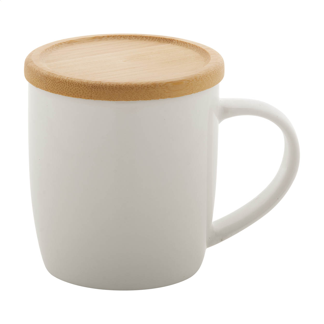 Hestia hvidt porcelænskrus med bambusbordskåner, 320 ml, med logo trykt med logo