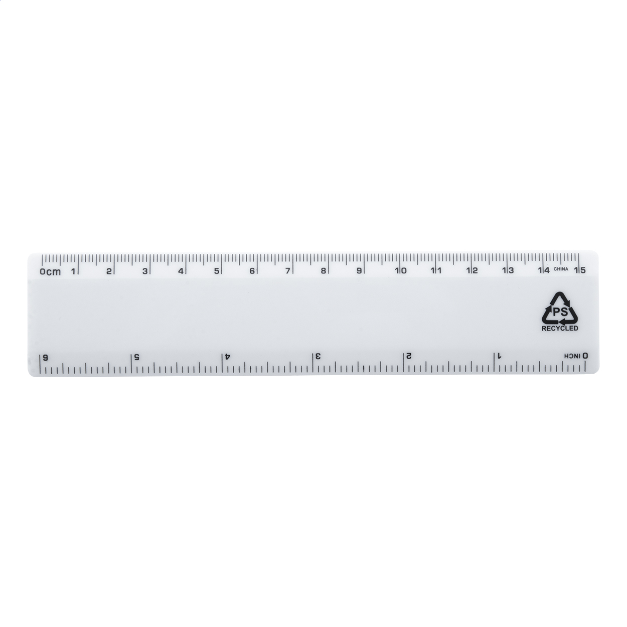 Relin 15 cm lineal i genvundet PS-plast med logo trykt med logo