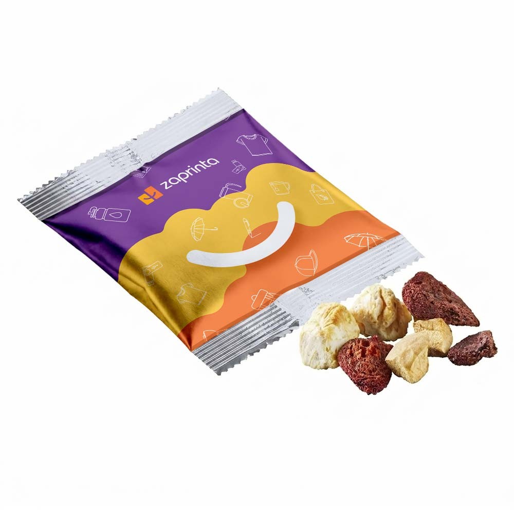 Aluminiumbelagt folie med trykt tørret sprød frugtblanding over det hele - Jelling