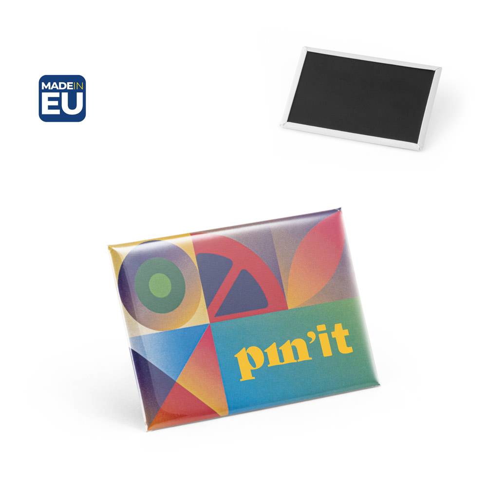 Button P'IN 15 rektangulær og magnetisk, med jeres logo, 80 × 53 mm