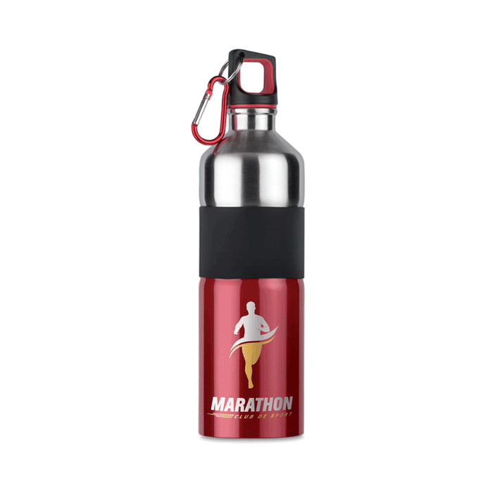 To-farvet rustfrit stål vandflaske med karabinhage og gummi greb 750ml - Vojens