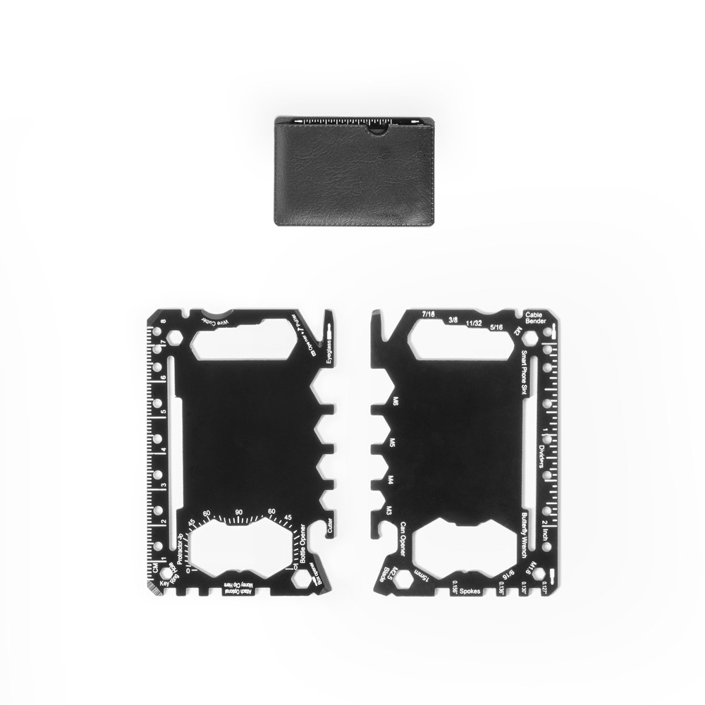 PEEBLES. Multifunktionelt kort af rustfrit stål med 8 funktioner