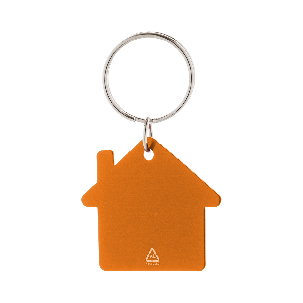 Ralhut nøglering formet som et hus i genvundet aluminium med logo trykt med logo