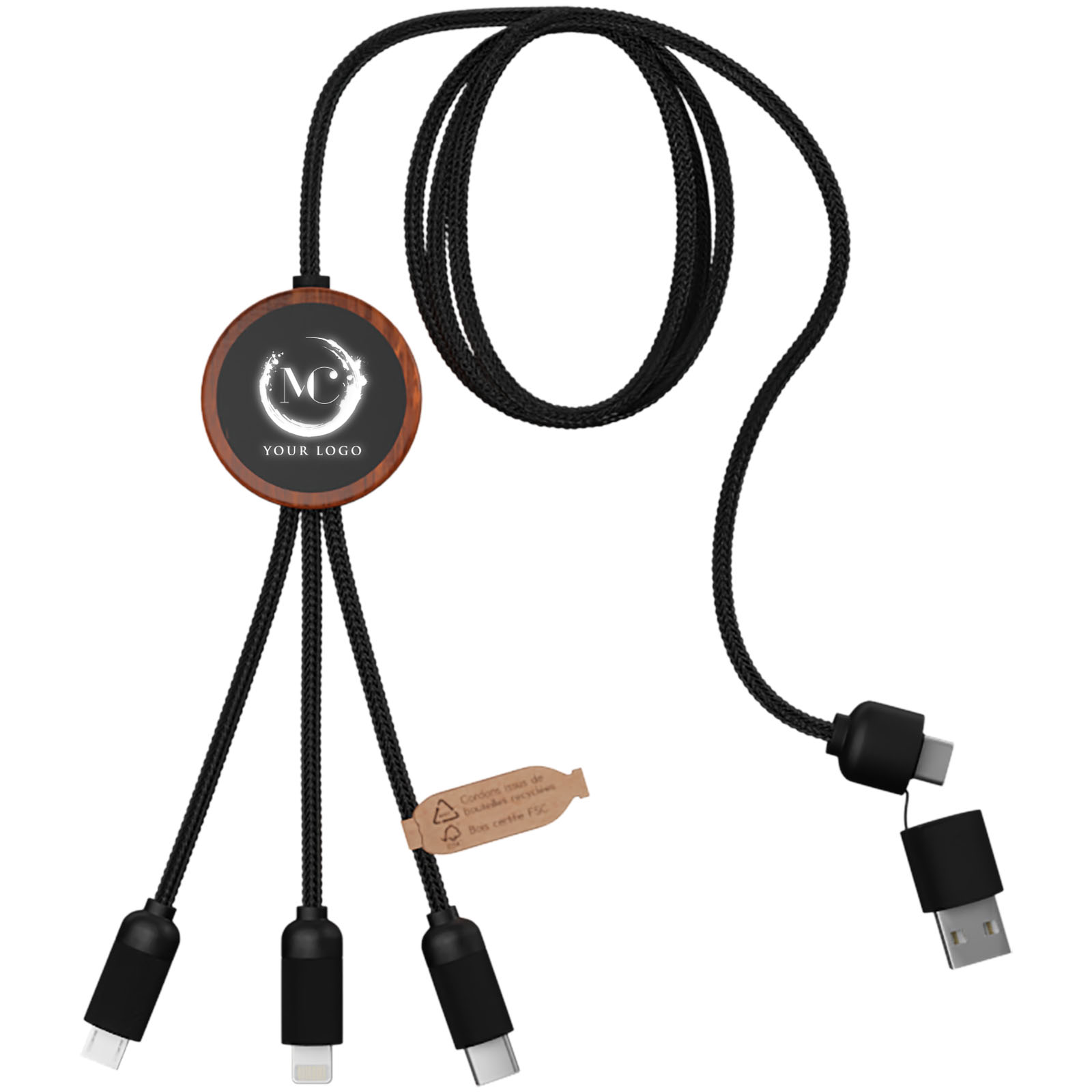 SCX.design C37 40W 5-i-1 opladerkabel i rPET med lysende logo og rundt bambuskabinet