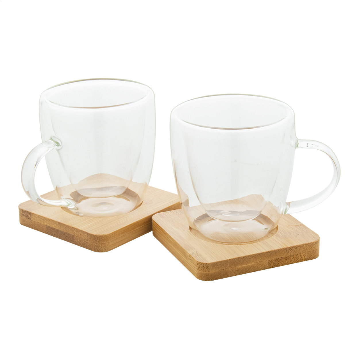 Mocaboo sæt med 2 dobbeltvæggede espressokopper i glas med bambusunderkopper trykt med logo