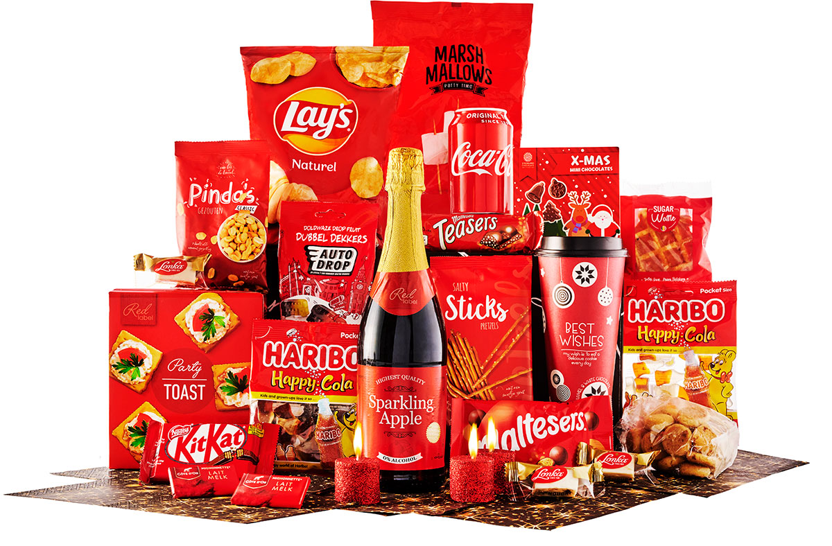 Panier garni "Rouge pétillant" avec 25 gourmandises