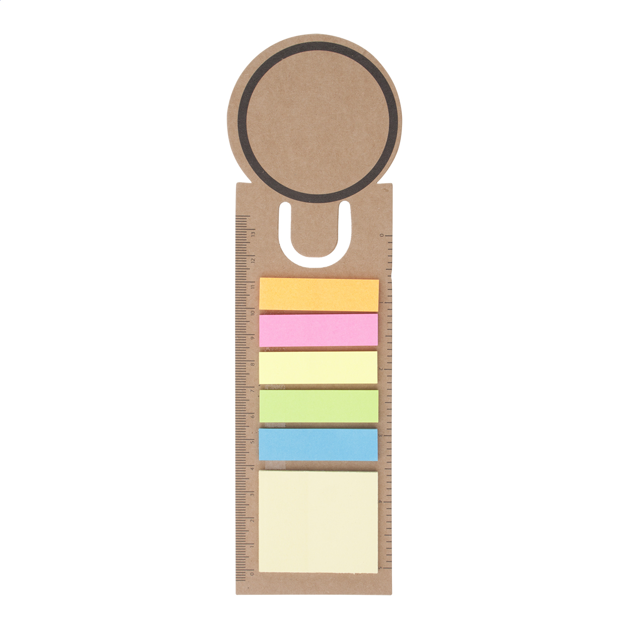 Rondy bogmærke og lineal i papir med sticky notes og logo trykt med logo