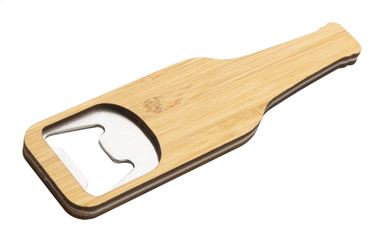 Flaskeåbner af rustfrit stål med bambusoverflade - Højer Sogn2 trykt med logo