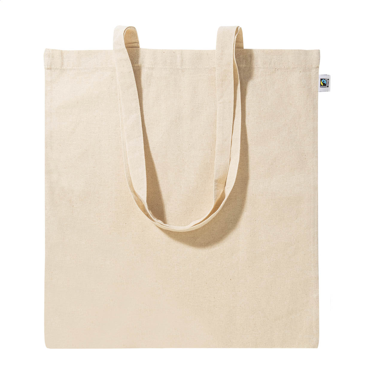 Fershop indkøbstaske i Fairtrade-bomuld 140 g/m² med lange hanke og logo trykt med logo