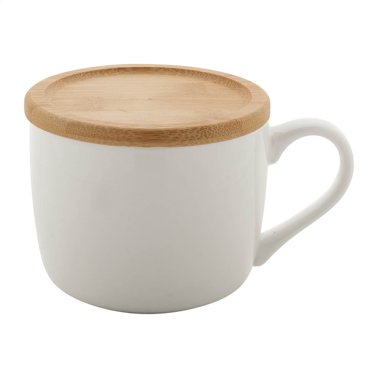 Athena stort hvidt porcelænskrus med bambusbordskåner, 400 ml, med logo