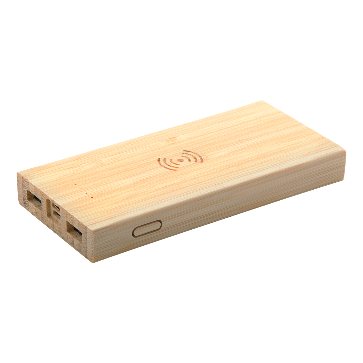 Wooster powerbank i bambus 6000 mAh med trådløs oplader og logo trykt med logo