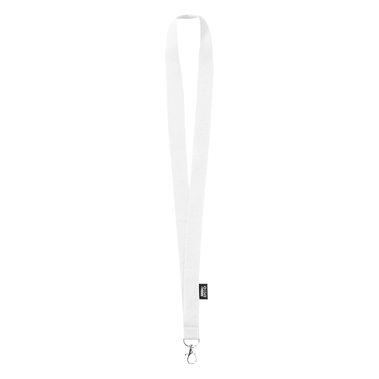 Larpet lanyard i RPET-polyester med karabinhage i metal og logo trykt med logo