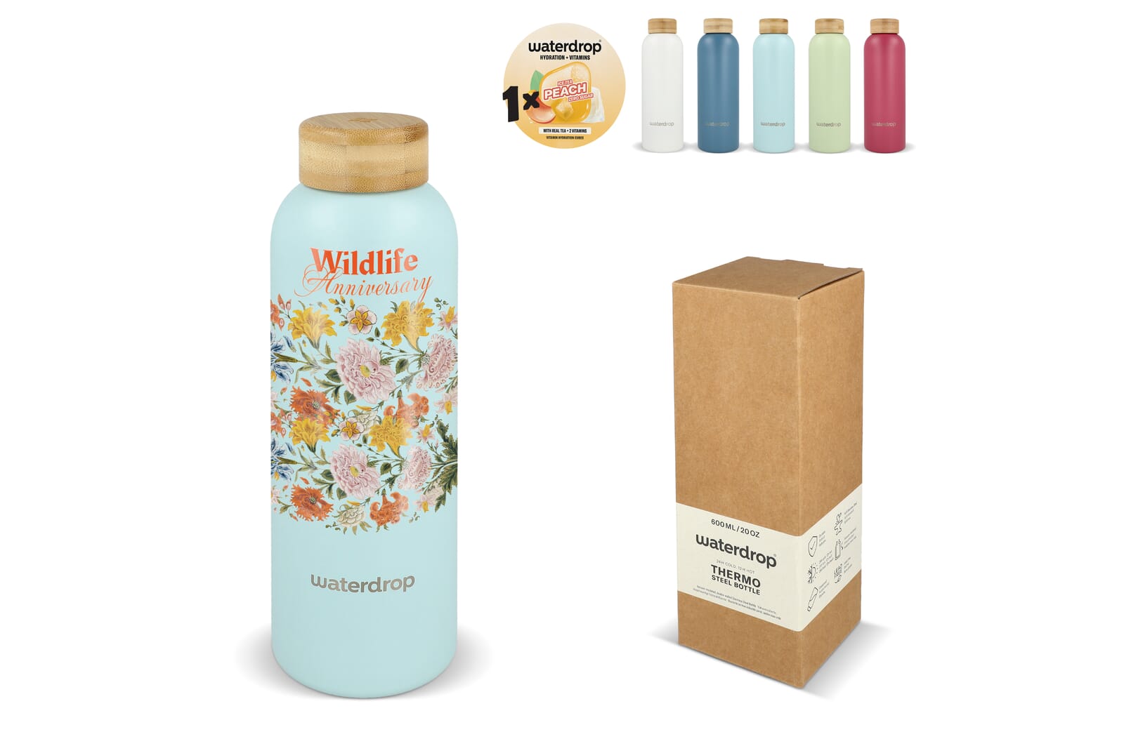 Waterdrop Rustfri Stålflaske med Bambuslåg 600ml