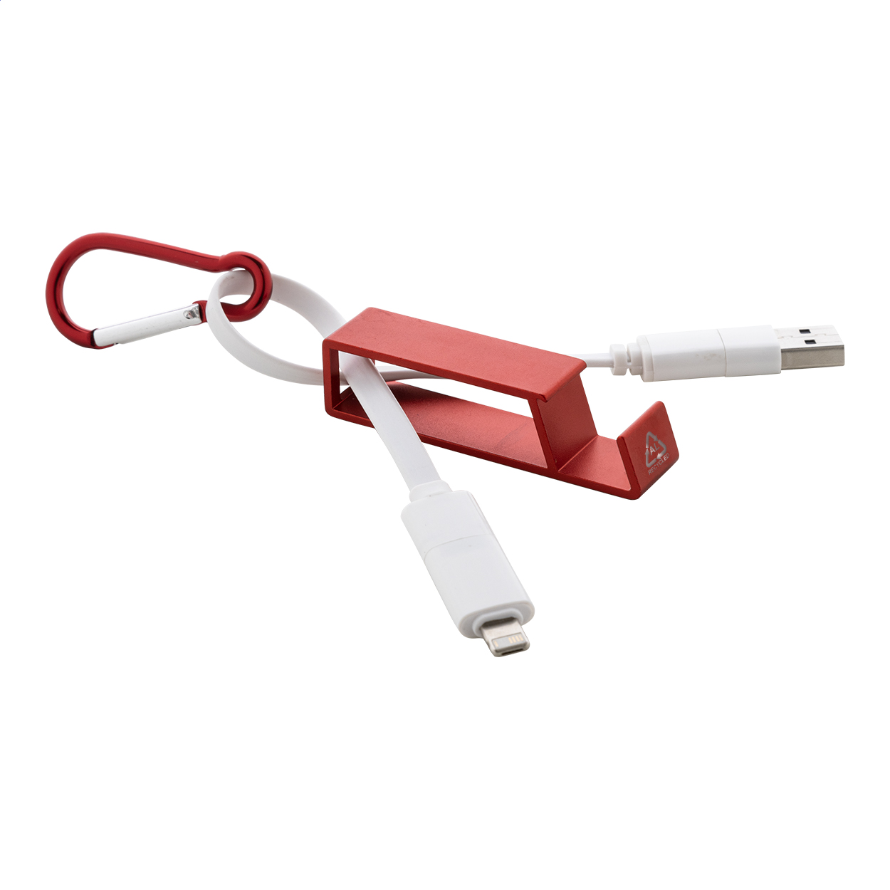 Cappy USB-ladekabel med karabinhage i genbrugt aluminium og oplukker trykt med logo