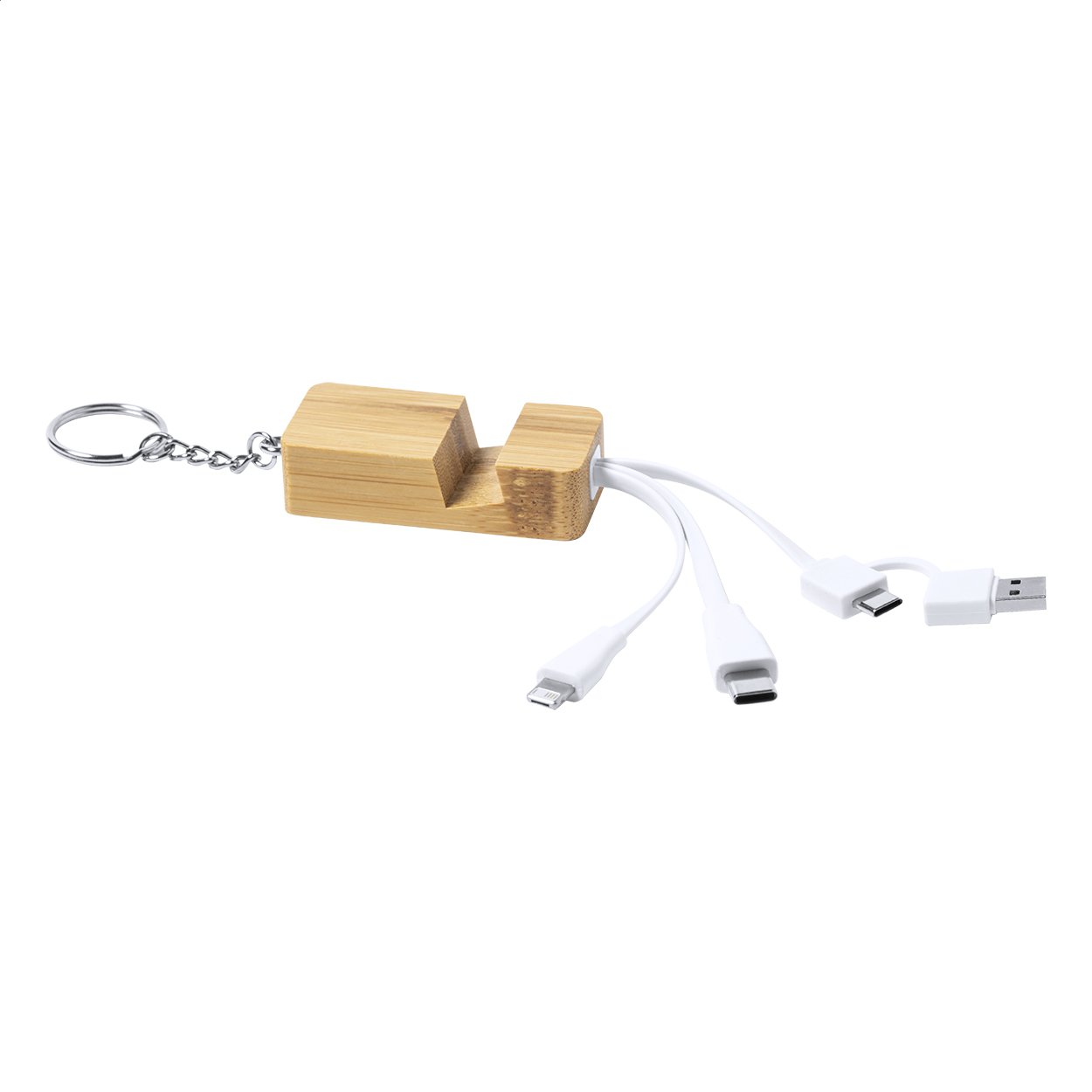 Balcooa nøglering i bambus med mobilholder og USB-ladekabel og logo trykt med logo