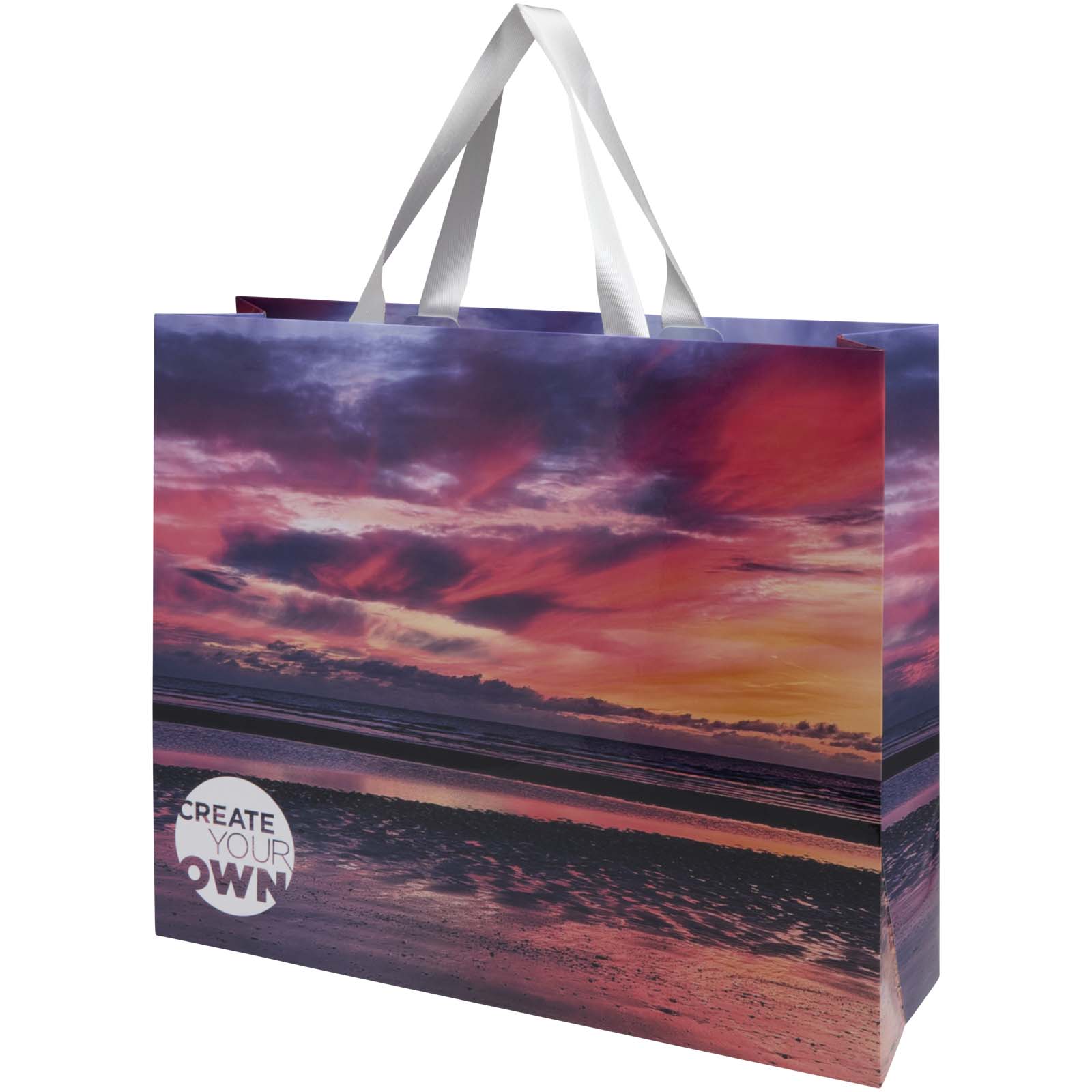Smartfold papirpose, 230 g/m², med båndhåndtag og glanslaminering – 42 x 12 x 35 cm